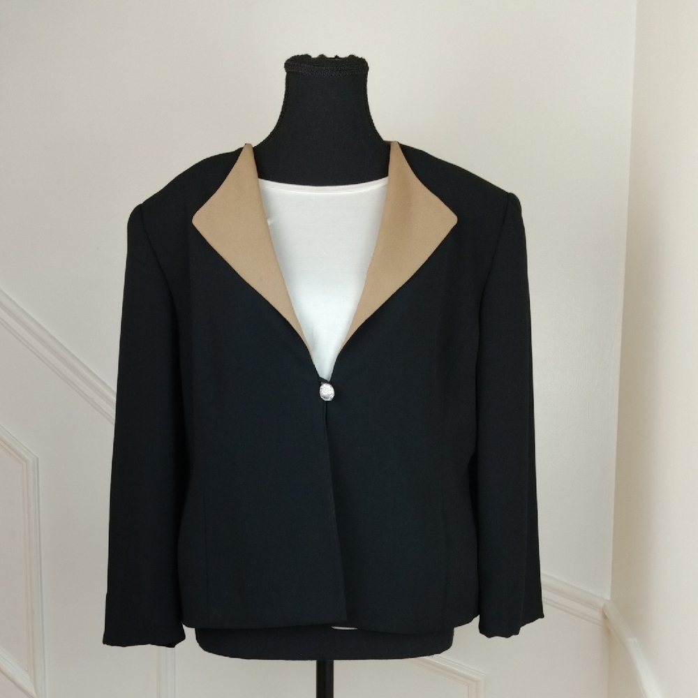 Vintage Plus Size Laura Blazer Contrast Collar Jacket Women‎ 14 Black Tan Crepe